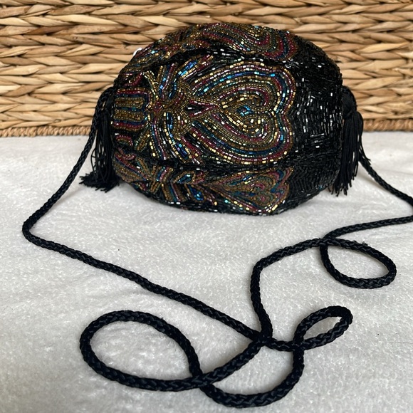 Glass Metallic STUNNING Multi Beaded Barrel Evening Bag Shoulder Black Tassel - Picture 3 of 7